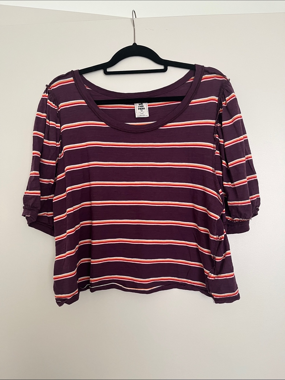 We The Free Plum Striped Scoop Neck Short Sleeve Tee with Cream and Red Bands